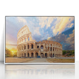 Mid-century modernist depiction of the Colosseum in muted earth tones on a framed acrylic, ideal for nursery wall art.