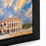 Black wall art featuring a textured close-up of the Colosseum in vibrant colors on a framed canvas.