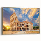 Framed canvas of the Colosseum in muted gold and black tones, vintage poster style, ideal for bedroom wall art.
