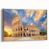Framed canvas of the Colosseum in Rome with a vintage poster art style, featuring a black and colorful palette.