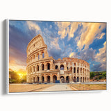 Vintage poster art of the Colosseum in muted earth tones on a framed canvas, ideal for living room decor.