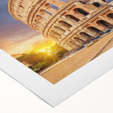 Art deco poster of the Colosseum in muted sepia tones on rolled canvas, ideal for dining room wall art.