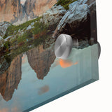 Mid-century modernist style large art print of the Dolomites in Italy on acrylic glass, using muted earth tones.