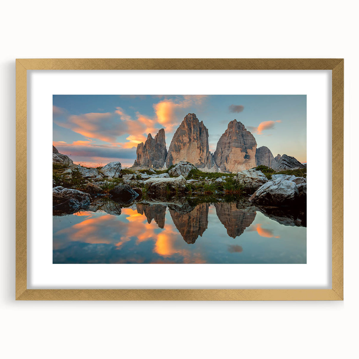 Abstract art print of the Dolomites in muted earth tones on a framed canvas, suitable for dining room decor.