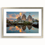 Extra large abstract art print of the Dolomites in muted earth tones on a textured canvas, framed in silver.