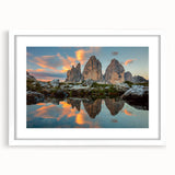 Textured art depicting the Dolomites in Italy, in muted earth tones on a framed white mat, ideal for bedroom art.
