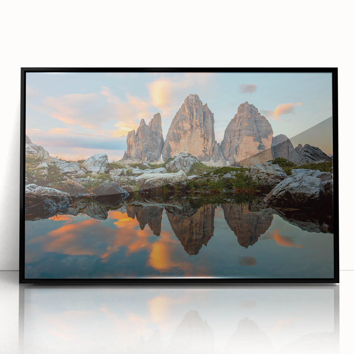 Large abstract wall art depicting the Dolomites in Italy, in a mid-century modernist style, framed in black acrylic.