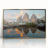 Acrylic print of the Dolomites in Italy, featuring soft pastel colors and a gold frame, suitable for modern art wall decor.