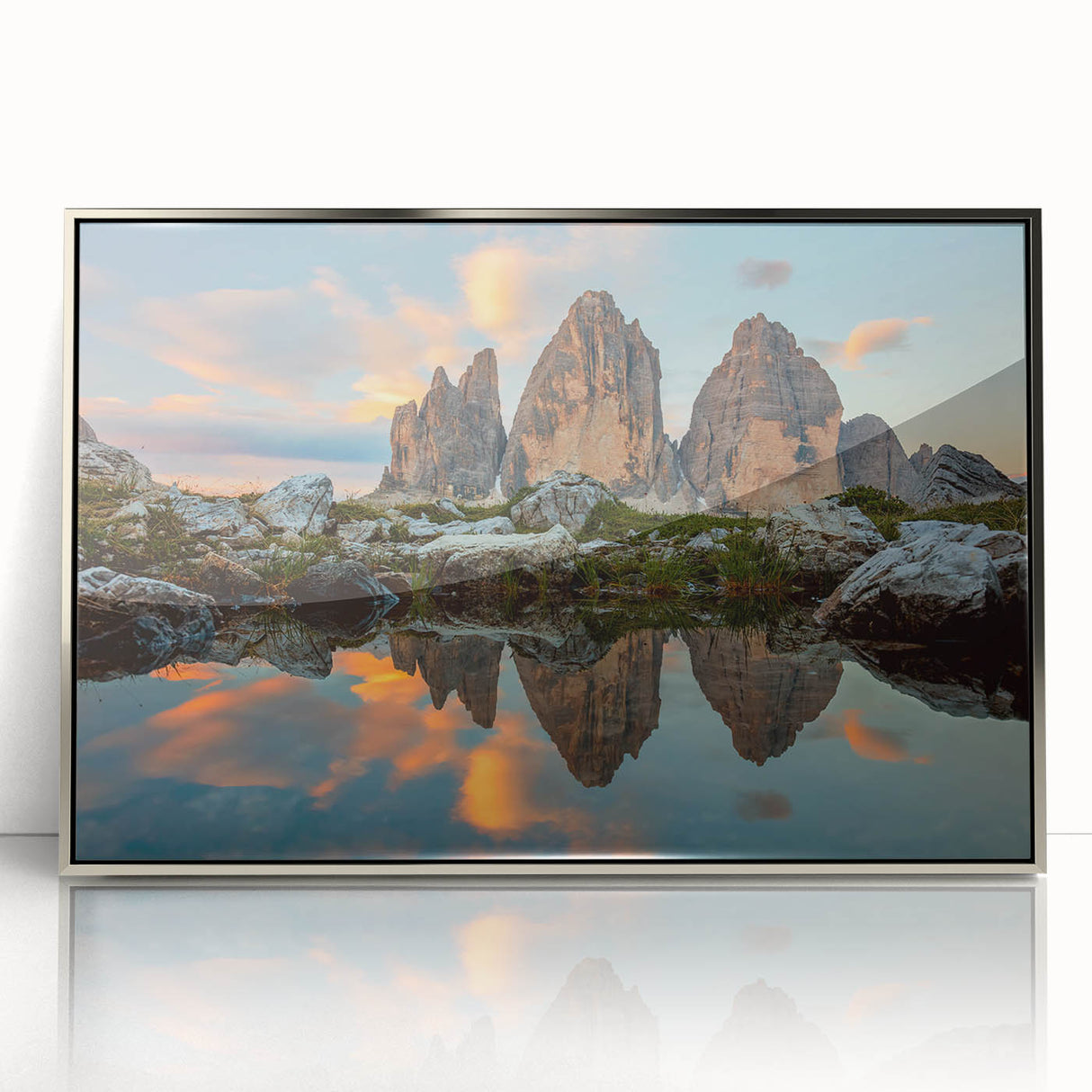 Framed acrylic print of the Dolomites in Italy, featuring muted earth tones, ideal for modern art wall decor.
