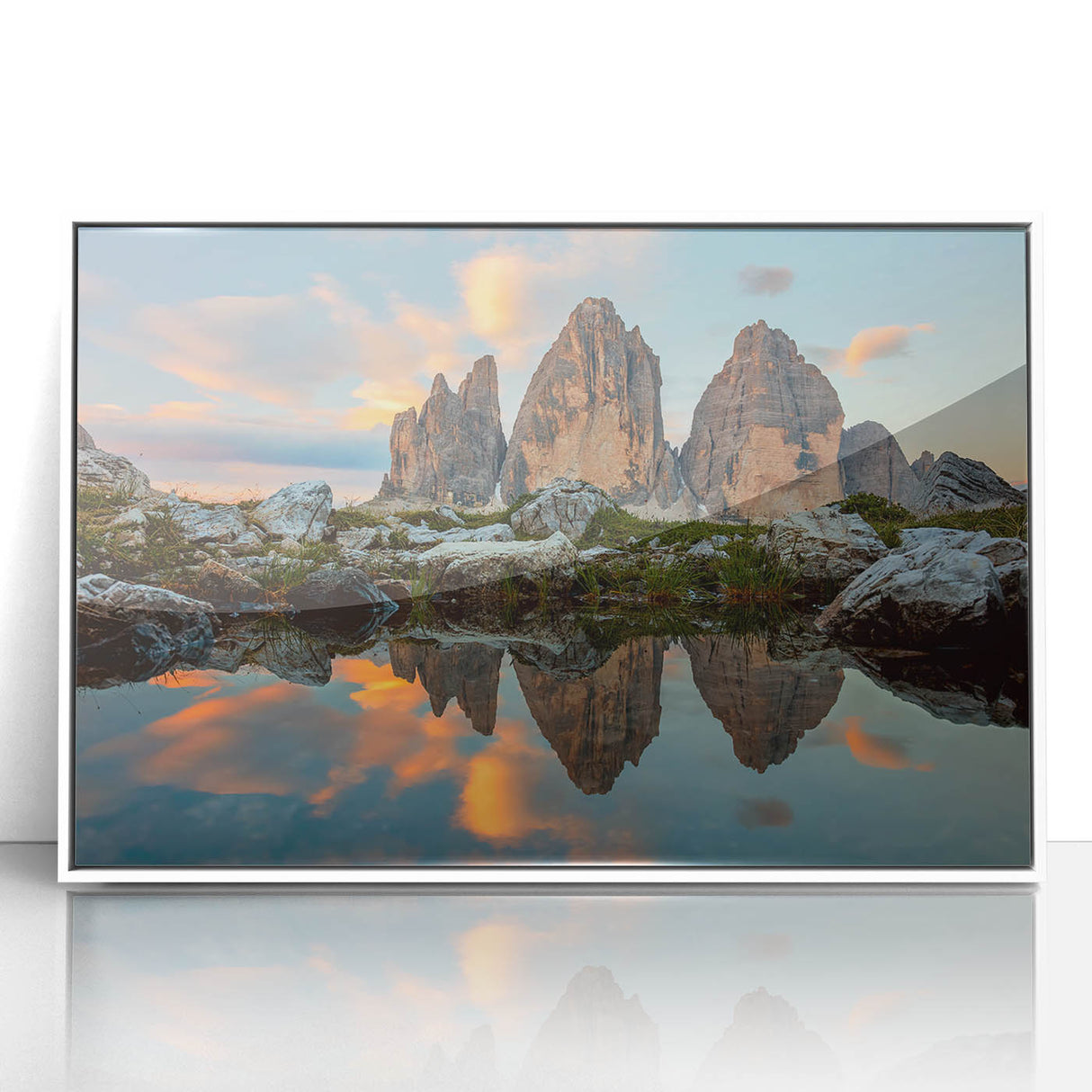 Mid-century modernist art of the Dolomites in Italy, framed in white acrylic, featuring muted earth tones.