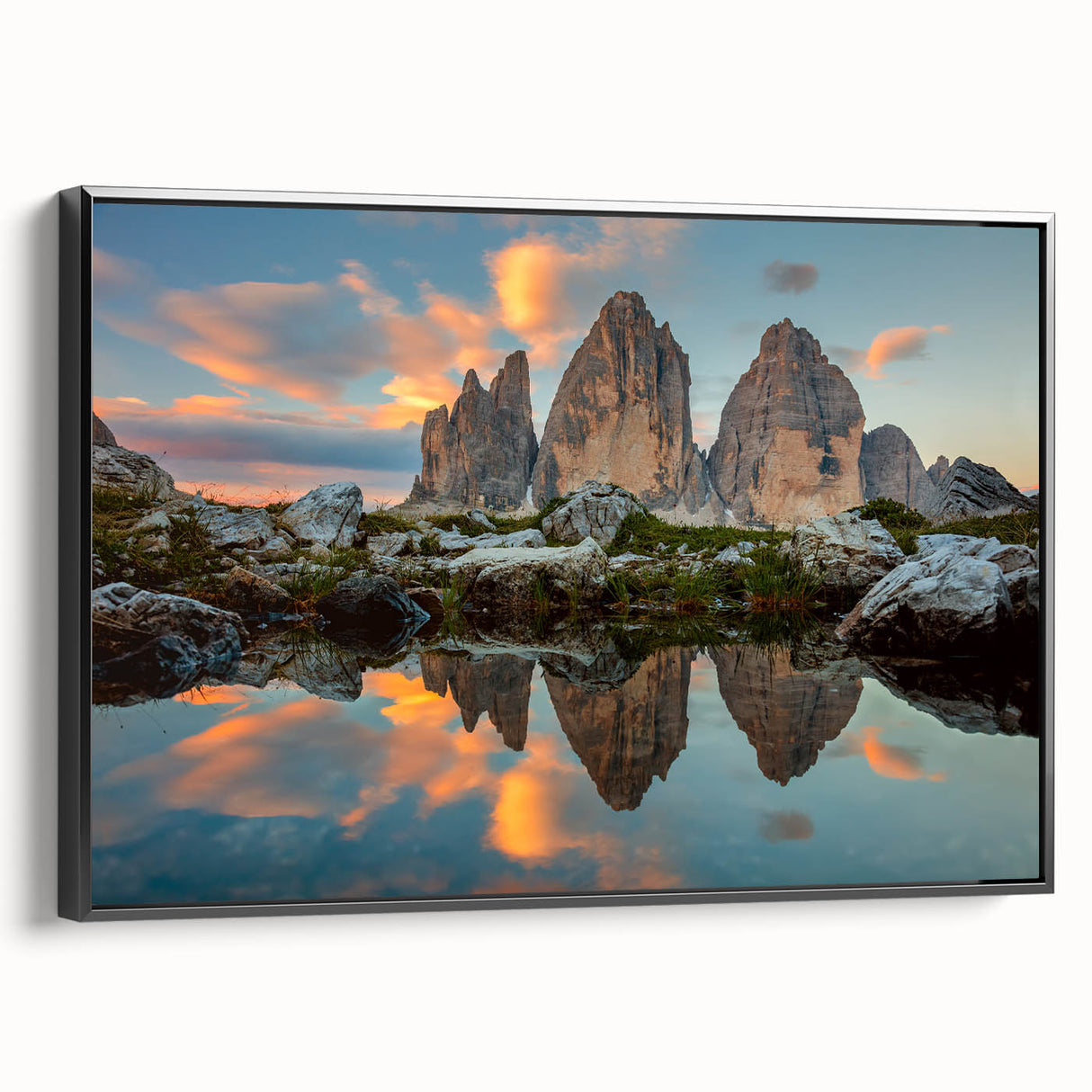 Black and white framed canvas of Dolomites landscape, ideal for bedroom wall art in vintage poster style.