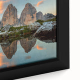 Framed canvas featuring a textured depiction of the Dolomites in Italy with a black border and vibrant, colorful art.