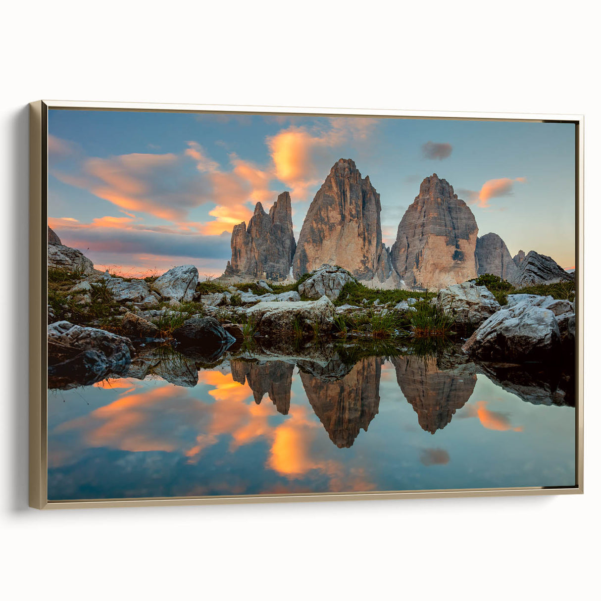 Framed canvas of the Dolomites in muted earth tones, ideal for bedroom wall art.