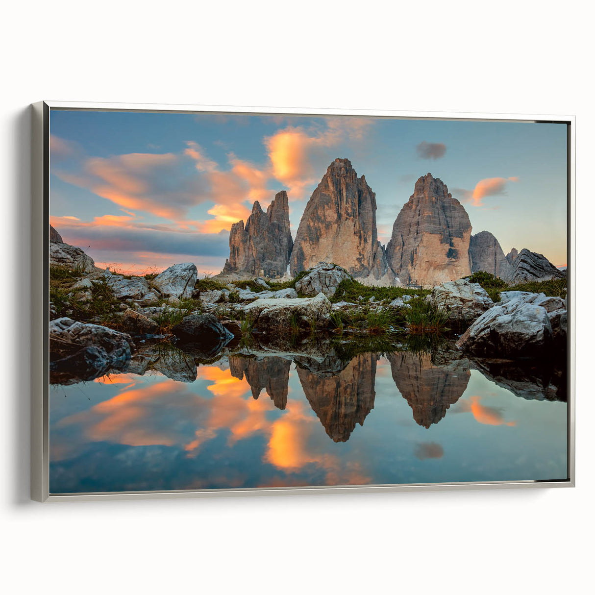 Framed canvas landscape art painting depicting the Dolomites in Italy, using a palette of muted earth tones.