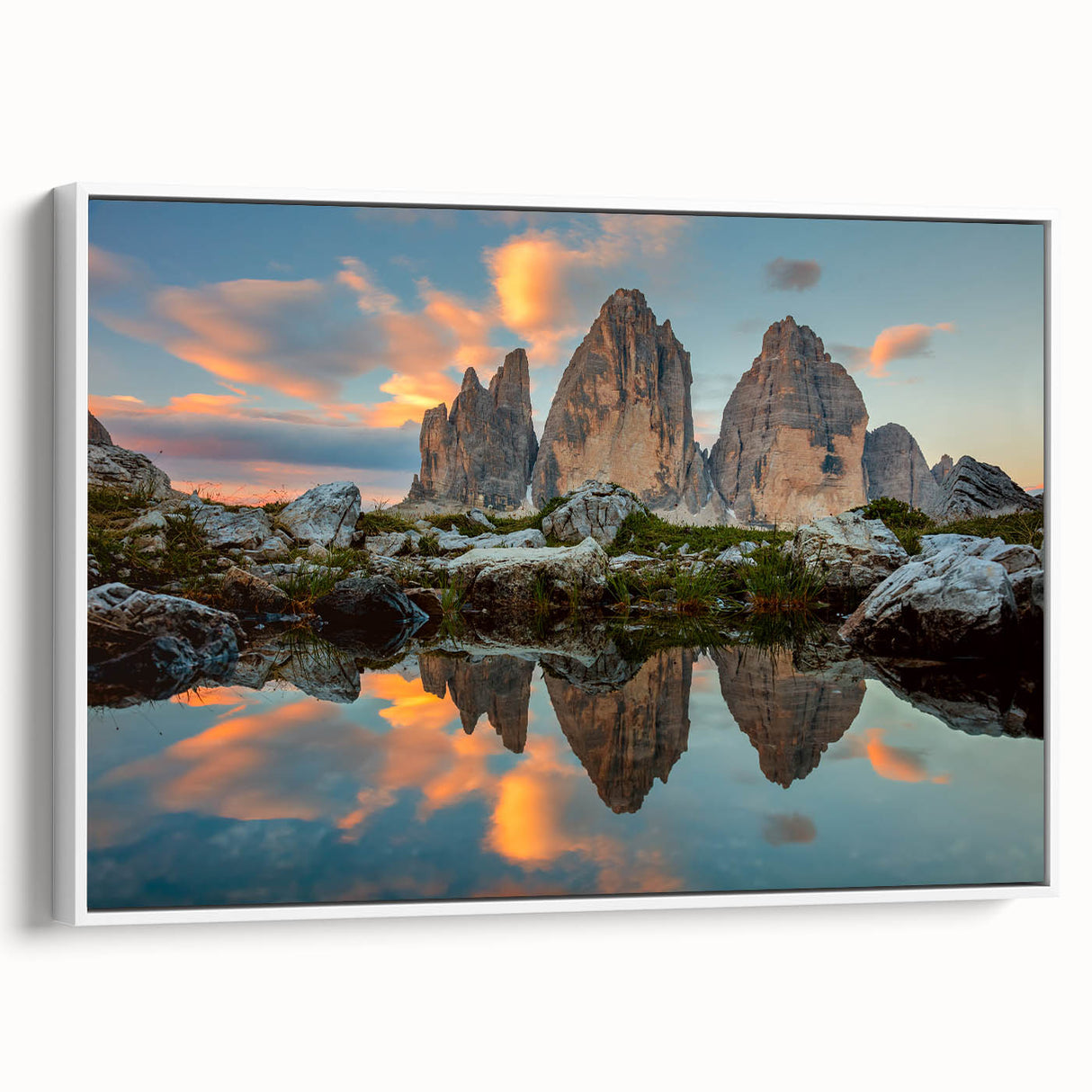 Vintage poster art of the Dolomites in Italy, featuring colorful imagery on a large framed canvas.