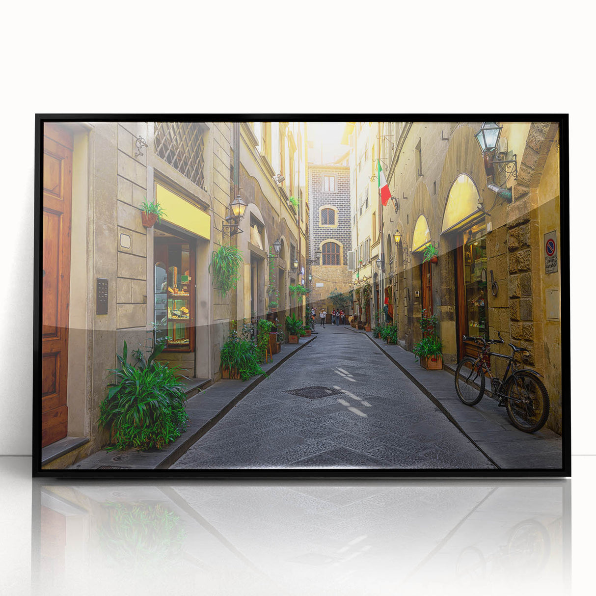 Large abstract wall art of Florence scenery in muted earth tones on acrylic, framed in black, suitable for living room decor.