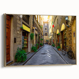Framed canvas featuring a vintage-style landscape painting of Florence, Italy, in black and gold tones.