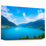 Acrylic print of Lake Como with muted blue and green hues, ideal for bedroom or dining room art.