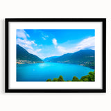 Extra large framed print of abstract Lake Como scenery in vibrant colors, ideal for living room decor.