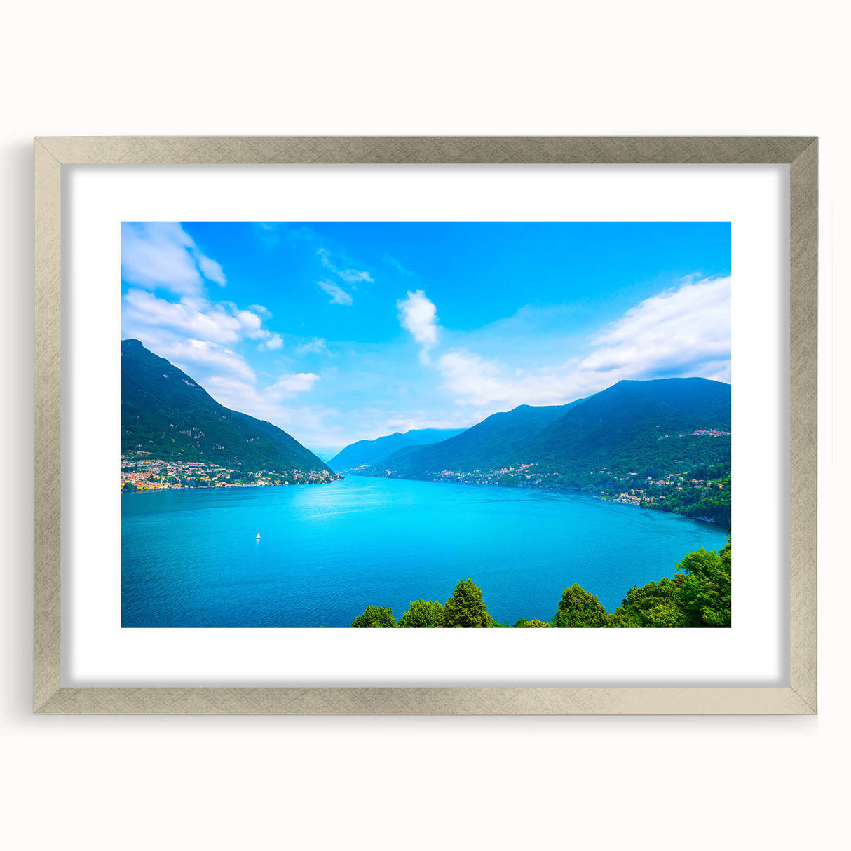 Extra large wall art of Lake Como with textured abstract prints in silver frame, ideal for living room decor.