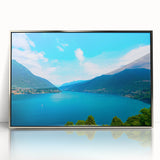 Large art print of Lake Como with muted earth tones in a silver-framed acrylic, styled in mid-century modernist design.