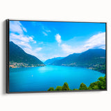 Black and white framed canvas of Lake Como with vintage poster art style, ideal for bedroom wall decor.