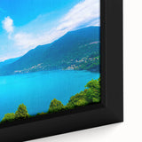 Extra large framed canvas depicting a textured scene of Lake Como with vibrant colors, ideal for living room decor.