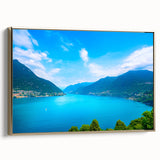 Framed canvas depicting Lake Como with muted green and blue tones in a vintage poster style, ideal for bedroom wall decor.