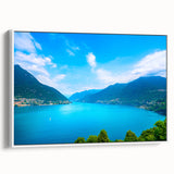 Vintage poster art of Lake Como with colorful imagery on a large framed canvas, suitable for living room decor.