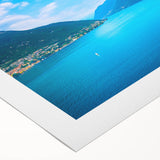 Art deco poster of Lake Como with muted blues and greens on rolled canvas, suitable for dining room wall art.