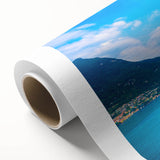 Art deco poster of Lake Como with soft blue and green tones on rolled canvas, ideal for nursery wall art.