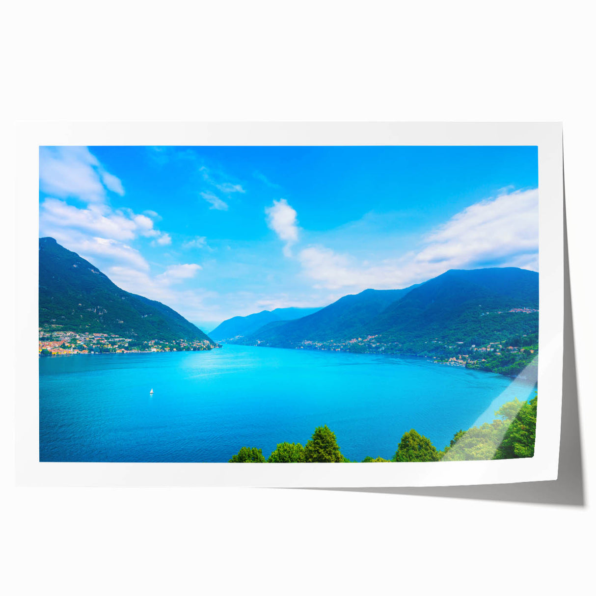 Rolled print of Lake Como with lush floral foreground in muted colors, ideal for art wall dining room.