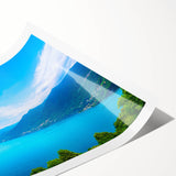 Extra large wall art depicting Lake Como with line art flowers in muted earth tones on a rolled print.