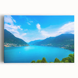 Black and white photograph of Lake Como on stretched canvas, ideal for kitchen wall art or bedroom ambiance.