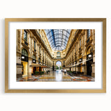 Abstract art print of Milan scenery in muted gold and gray tones, framed with a gold mat, ideal for dining room decor.