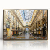 Art deco poster of Milan scenery with gold acrylic frame, muted earth tones, ideal for modern art wall decor.