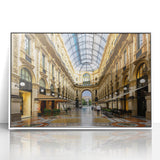 Mid-century modernist art depicting Milan scenery in muted pastel shades, framed acrylic, ideal for nursery wall art.