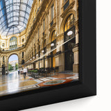 Extra large framed canvas of a textured Milan cityscape in black with colorful accents, ideal for living room decor.