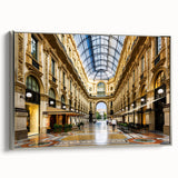 Framed canvas landscape art painting of Milan featuring colorful vintage poster art on a black background.