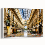 Vintage poster art of Milan scenery on extra large framed canvas, featuring colorful imagery against a black background.