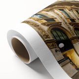 Art Deco style poster of Milan scenery on rolled canvas, featuring muted pastel colors, ideal for nursery wall art.