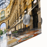 Large abstract depiction of Milan on acrylic glass in mid-century modernist style, with muted earth tones.