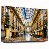 Large abstract depiction of Milan scenery on acrylic glass, using cool blue and green shades.
