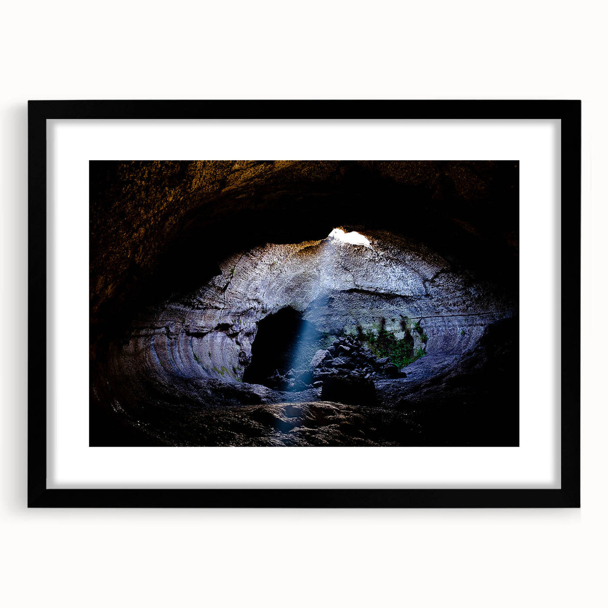Extra large abstract art print of Mount Etna, featuring vibrant, textured colors, framed in black.
