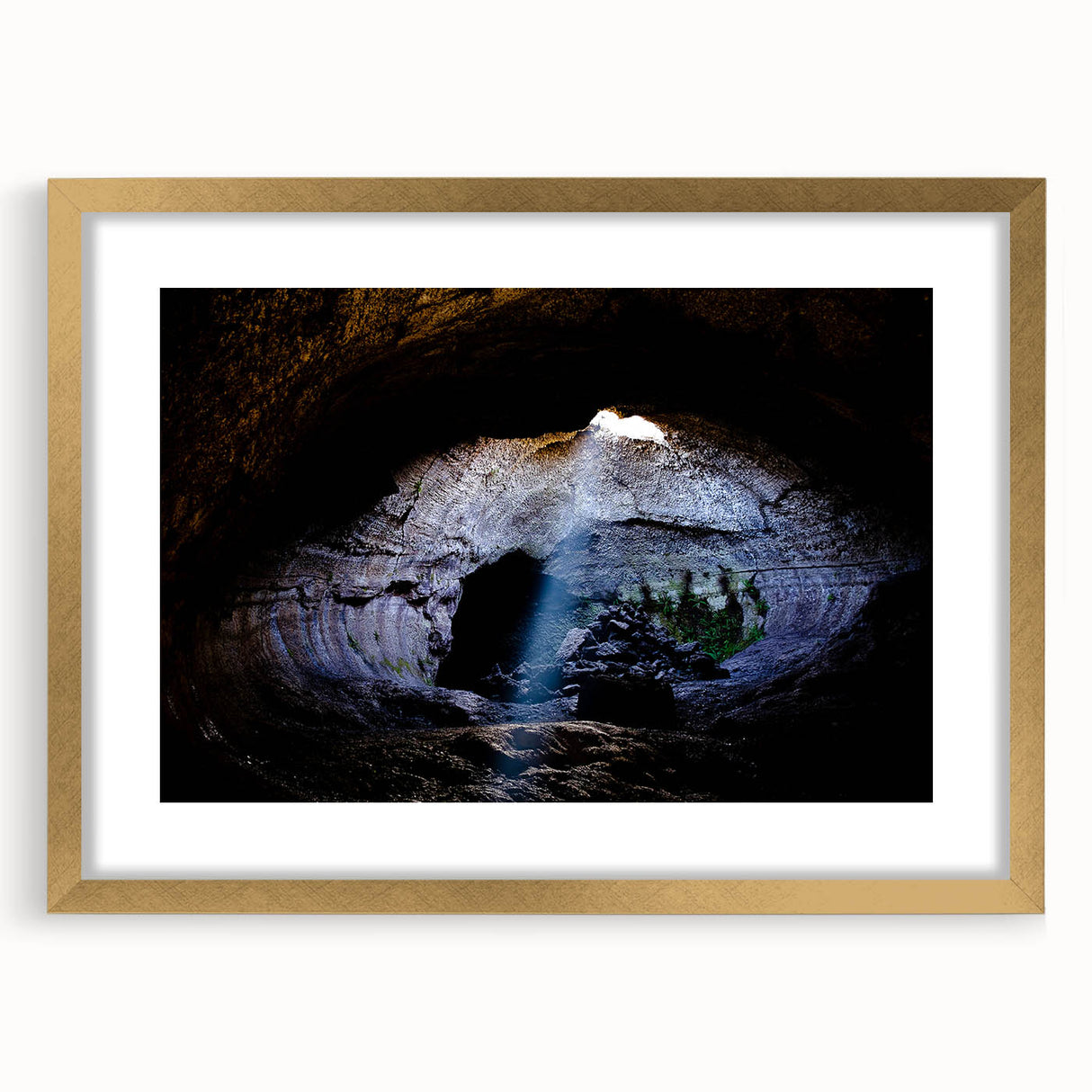 Abstract art print of Mount Etna in muted earth tones, framed in gold, ideal for dining room decor.