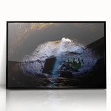 Large abstract wall art of Mount Etna in muted earth tones, framed in black acrylic, suitable for a modern living room.