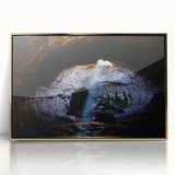 Art deco poster of Mount Etna in vibrant gold and blue tones, acrylic print framed in gold.