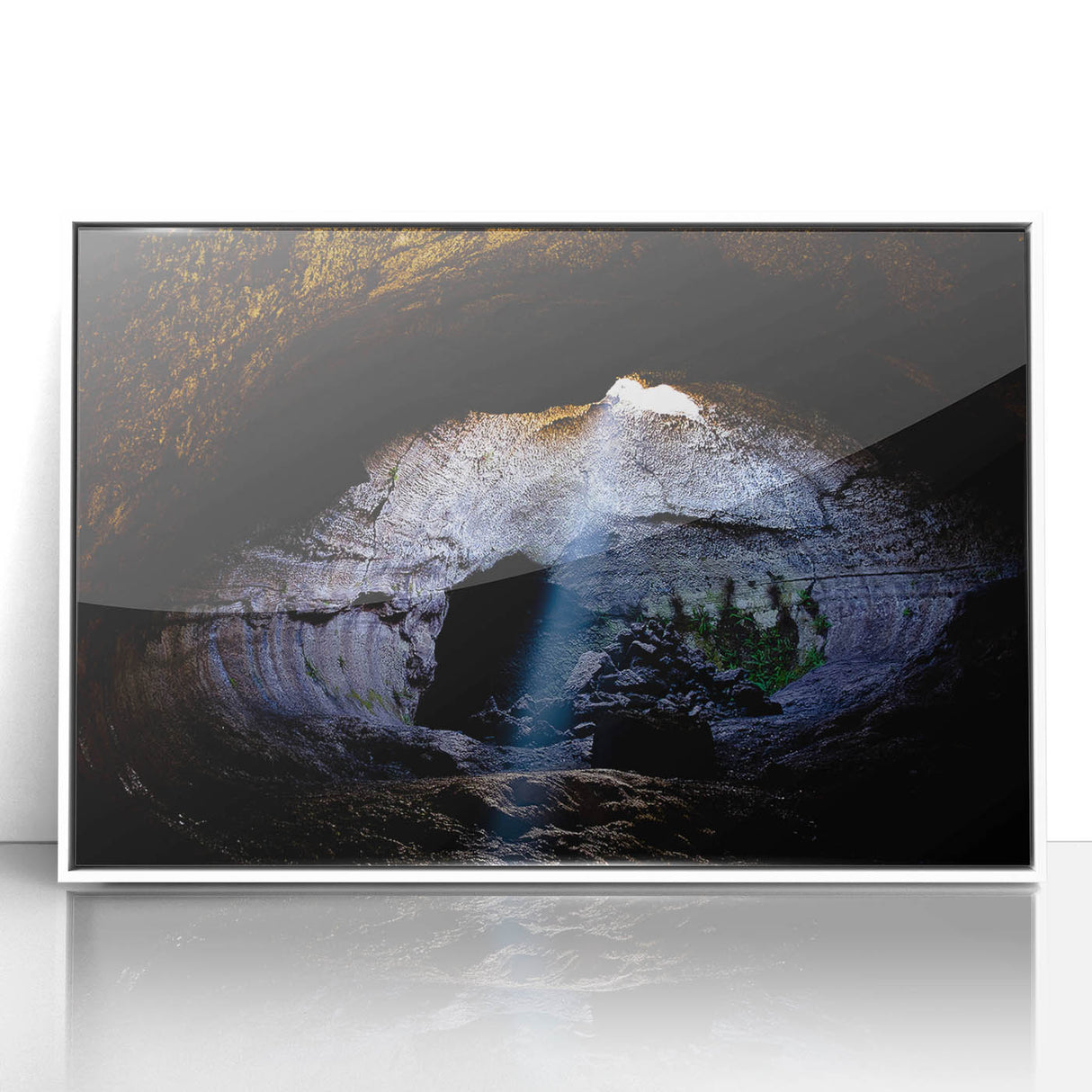Mid-century modernist art of Mount Etna in muted earth tones on a white framed acrylic, suitable for modern art wall decor.