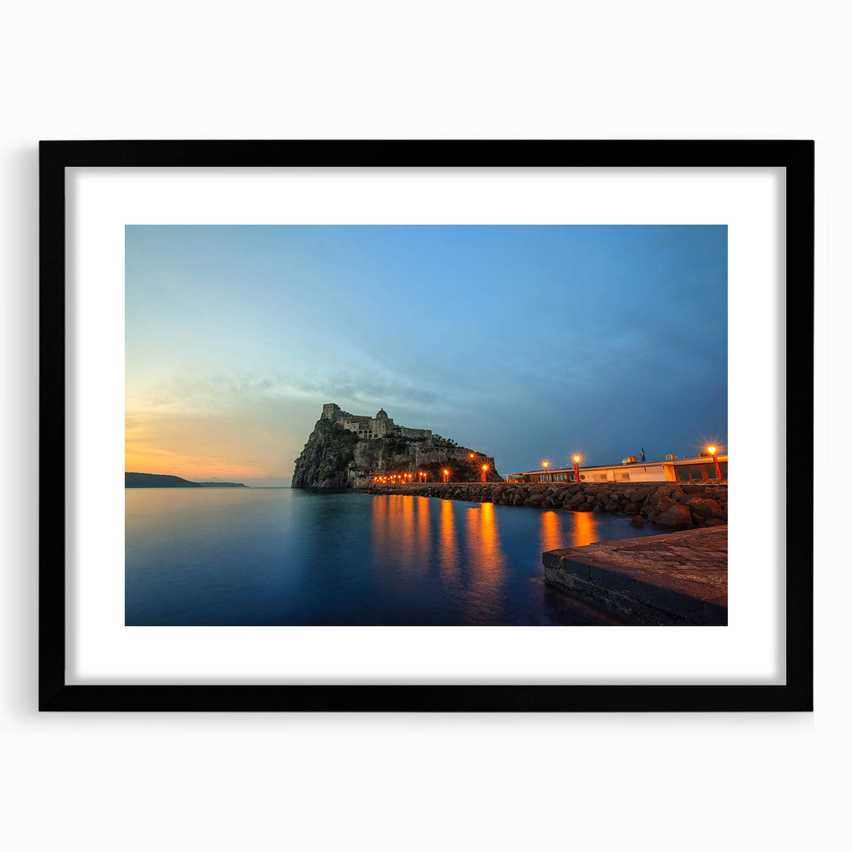 Extra large, colorful abstract art print of Naples, Italy, in a black frame with mat, ideal for living room decor.