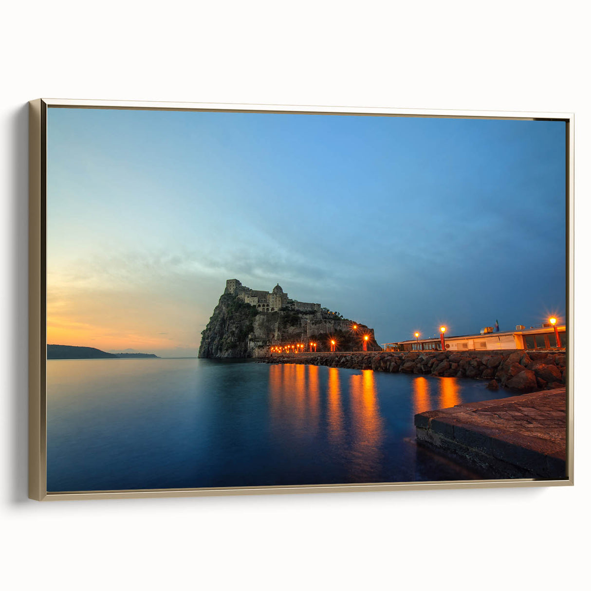Framed canvas featuring a vintage-style landscape painting of Naples, Italy in muted earth tones, ideal for bedroom wall art.